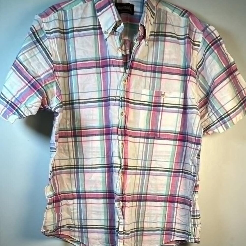 Vintage Royal Knight Madras Button Up Blouse SZ LG Made in USA‎ Beach BBQ Party